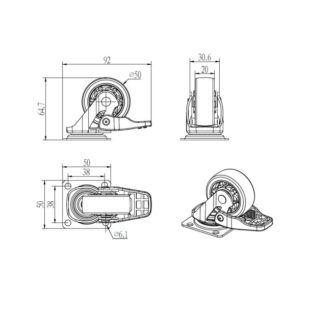 Mbelhjul "Spike" 50mm -  Transparent Hjul og Bremse