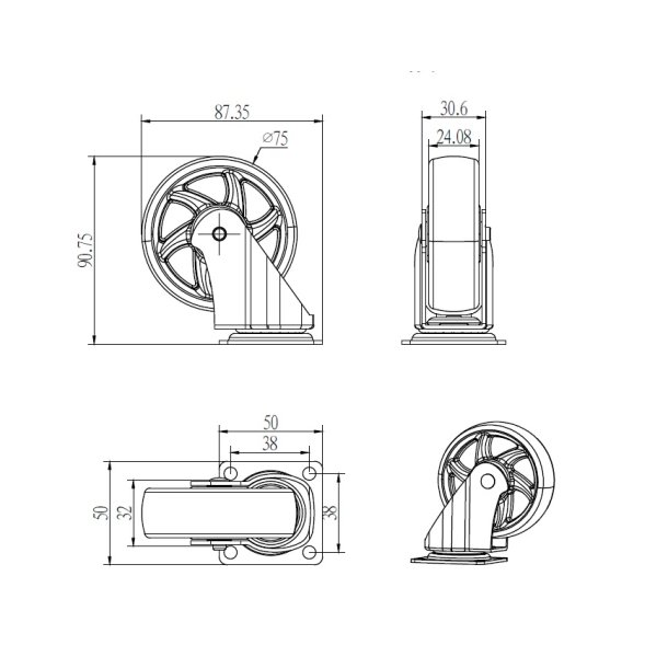Mbelhjul "Spike" 75mm -  Transparent Hjul