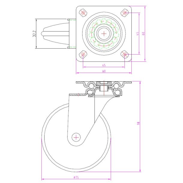 Mbelhjul "Gallus" 75mm - Aluminium