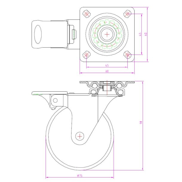 Mbelhjul "Gallus" 75mm - Aluminium - med Bremse