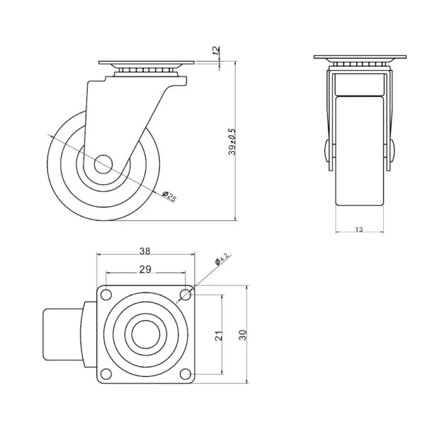 Inventarhjul "Nero" 25mm - 38x30mm Plade