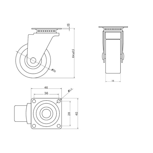 Inventarhjul "Nero" 50mm - 46x40mm Plade