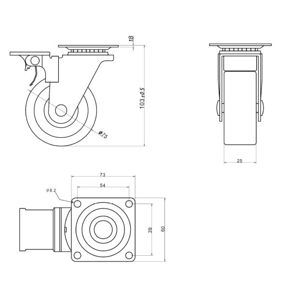 Inventarhjul "Nero" 75mm - 73x60mm Plade - med Bremse