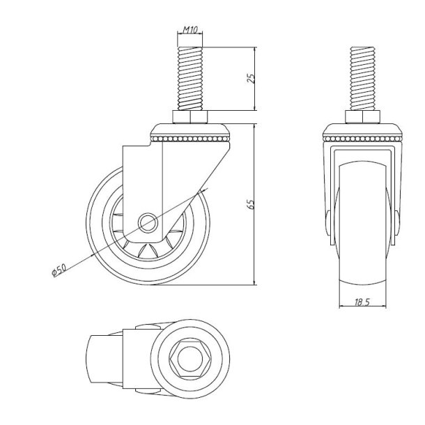 Inventarhjul "Nero" 50mm - M10x25mm - uden Bremse