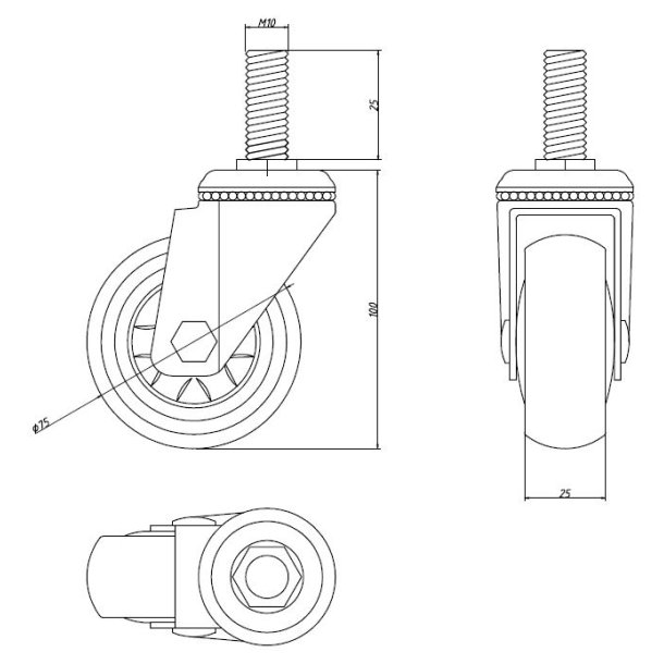 Inventarhjul "Nero" 75mm - M10x25mm - uden Bremse