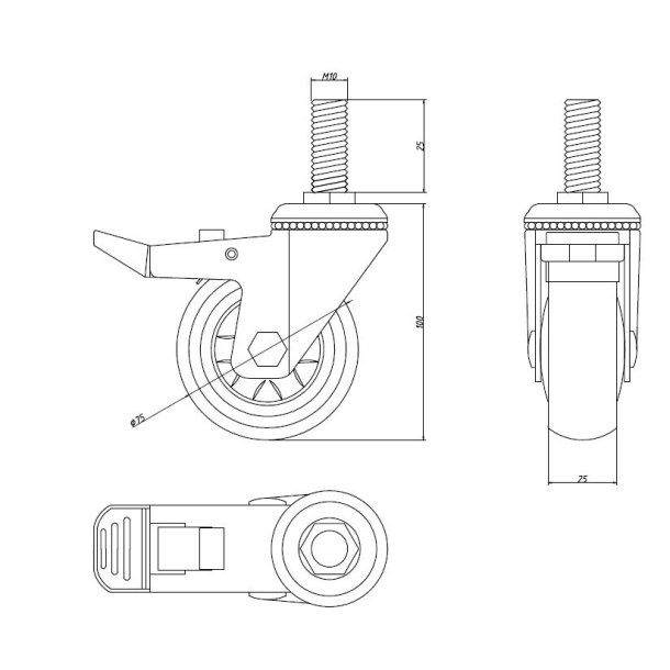 Inventarhjul "Nero" 75mm - M10x25mm - med Bremse