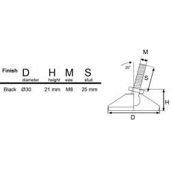 Stilleskrue med �30mm Drejelig Sort Fod - M8x25mm