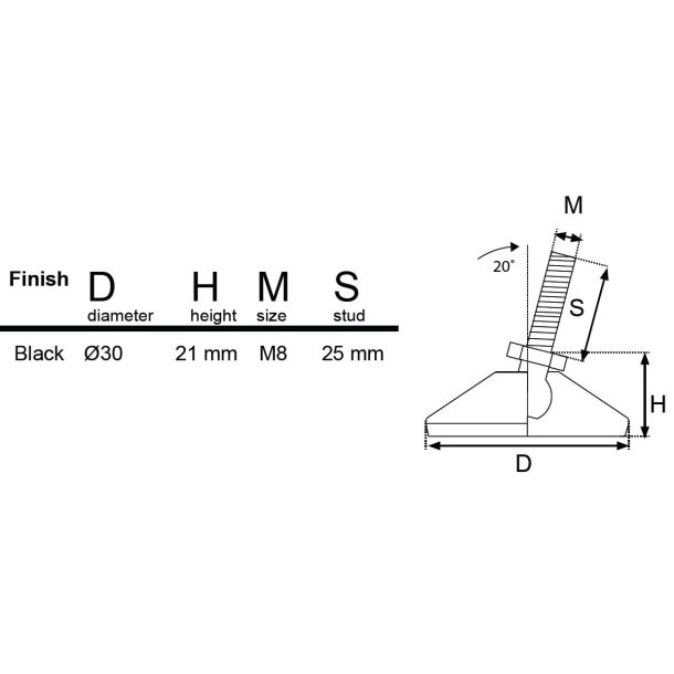 Stilleskrue med 30mm Drejelig Sort Fod - M8x25mm