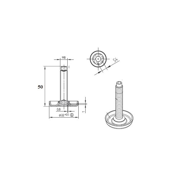 Stilleskrue med 33mm Metal Fod - M8x50mm