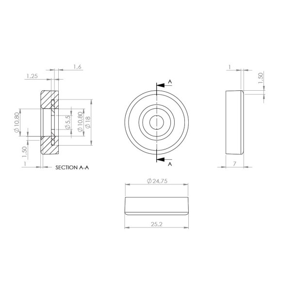Glidesm 25mm m/Teflon og Skrue - Sort Plast