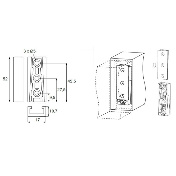 Hgtebeslag Hun-Del - 52x11x17mm - til Han-Del 101509