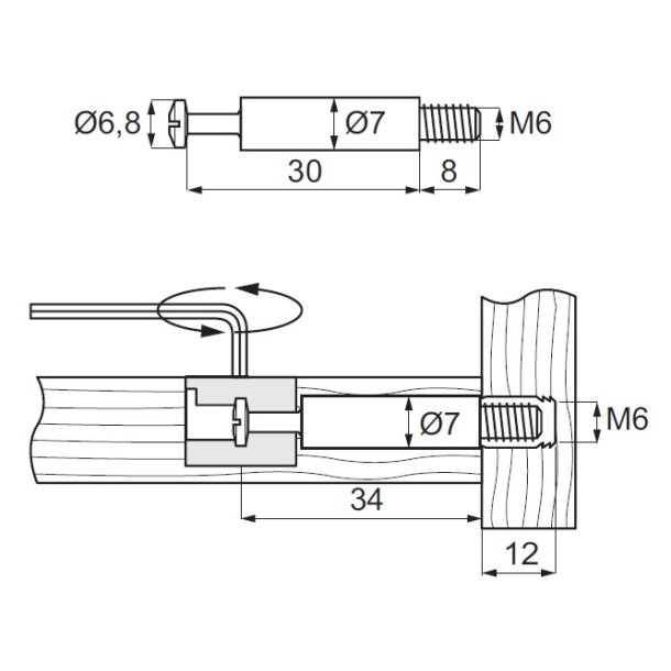 Minifix Samlebolt M6 Gevind - Elforzinket