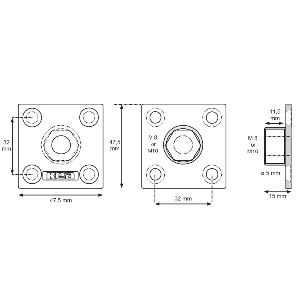 Bordbensbeslag Firkant med M10 Gevind