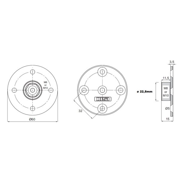 Bordbensbeslag Rund med M10 Gevind
