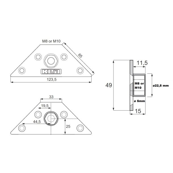 Bordbensbeslag Trekantet med M10 Gevind