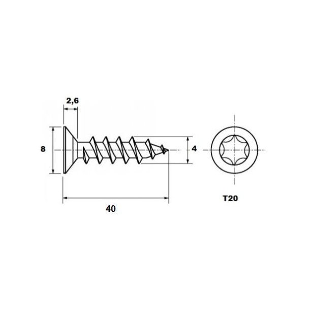 Sp�npladeskrue Torx T20 - 4.0x40mm - Rustfri A2