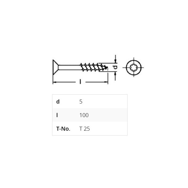 Spnpladeskrue Torx T25 - 5.0x100mm - Rustfri A2