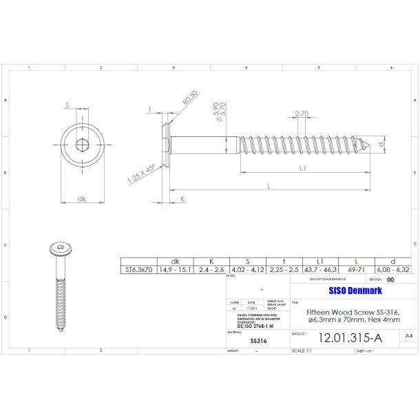 Samleskrue 6,3x40mm - Rustfri Stl (AISI  316)