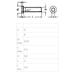 Buttonhead Bolt/Skrue M6x8mm - Rustfri A2- DIN 7380