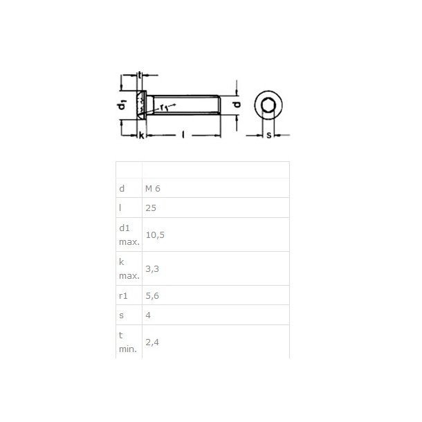 Buttonhead Bolt/Skrue M6x25mm - Rustfri A2- DIN 7380