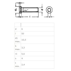 Buttonhead Bolt/Skrue M6x50mm - Rustfri A2- DIN 7380