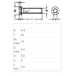 Buttonhead Bolt/Skrue M8x40mm - Rustfri A2- DIN 7380