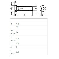 Buttonhead Bolt/Skrue M8x50mm - Rustfri A2- DIN 7380