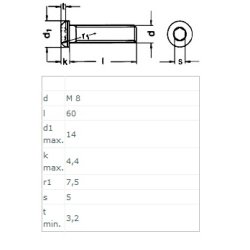 Buttonhead Bolt/Skrue M8x60mm - Rustfri A2- DIN 7380