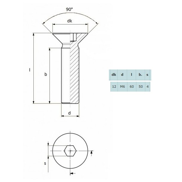 Undersnket Bolt M6x60mm - Gulforzinket - DIN 7991