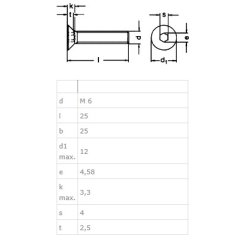 Undersnket Bolt M6x25mm - Rustfri A2 - DIN 7991