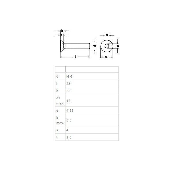 Undersnket Bolt M6x25mm - Rustfri A2 - DIN 7991