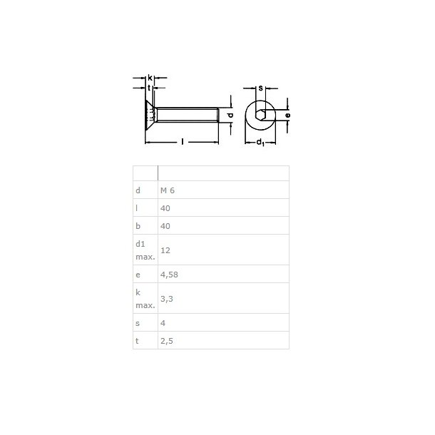 Undersnket Bolt M6x40mm - Rustfri A2 - DIN 7991