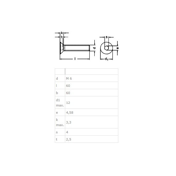 Undersnket Bolt M6x60mm - Rustfri A2 - DIN 7991