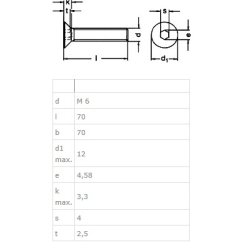 Undersnket Bolt M6x70mm - Rustfri A2 - DIN 7991