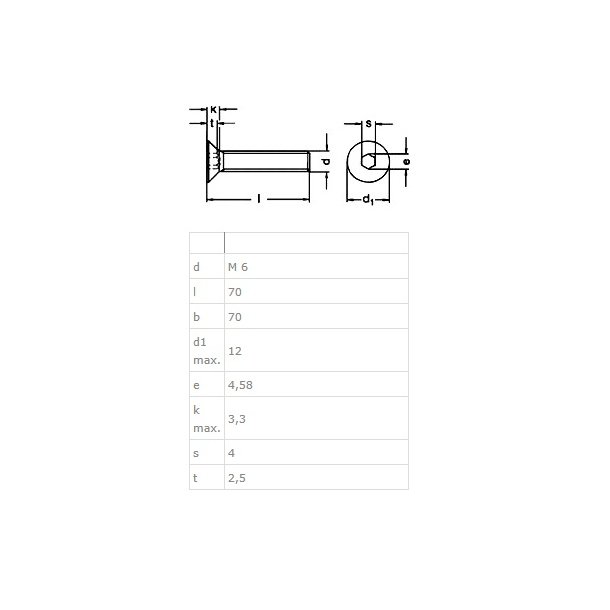 Undersnket Bolt M6x70mm - Rustfri A2 - DIN 7991