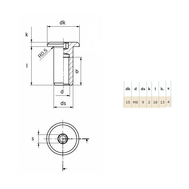 Stl Mbelhoved 15x9x18mm - M6 - Gulforzinket