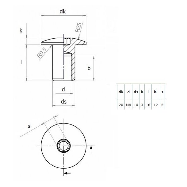 Stl Mbelhoved 20x10x16mm - M8 - Forniklet