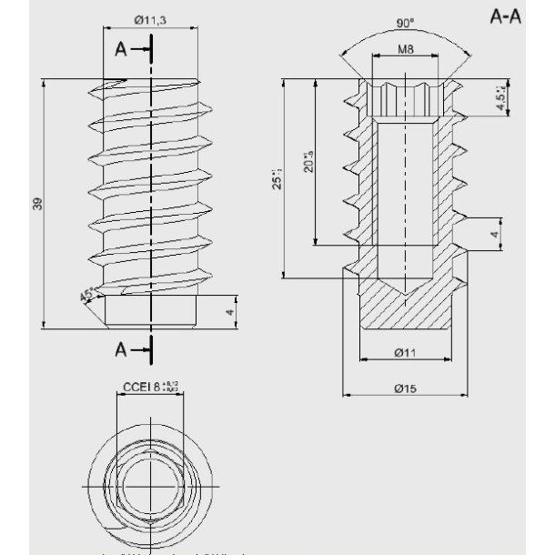 Gevindbsning M8x39mm - Gulforzinket