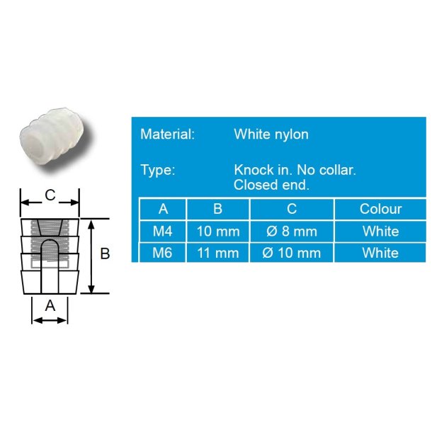 Gevindbsning til Indslag - M4x10mm - Nylon