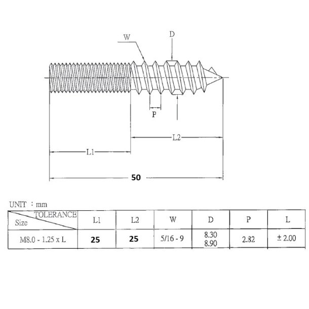 Ansatsskrue M8x50mm - Gulforzinket
