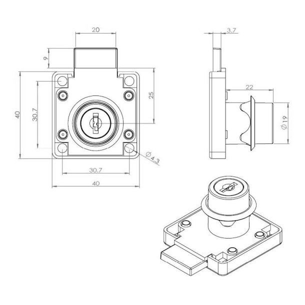 Skabsl�s "Ares" �19x22mm - H�jre - Samme N�gle (D20)