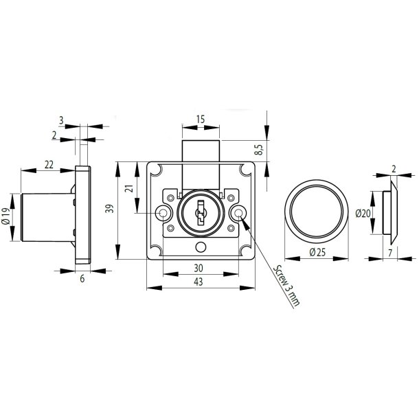 Skabsls "Hermes" 19x22mm - Sort