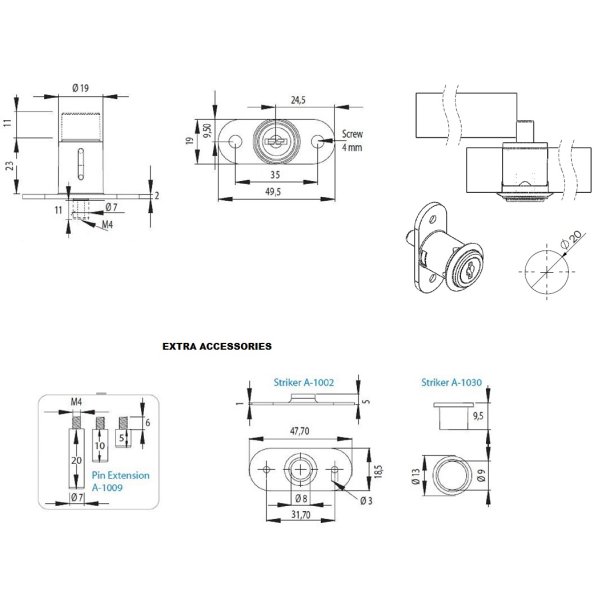 Tryk Skabsls "Myles" 19x22mm - Forniklet