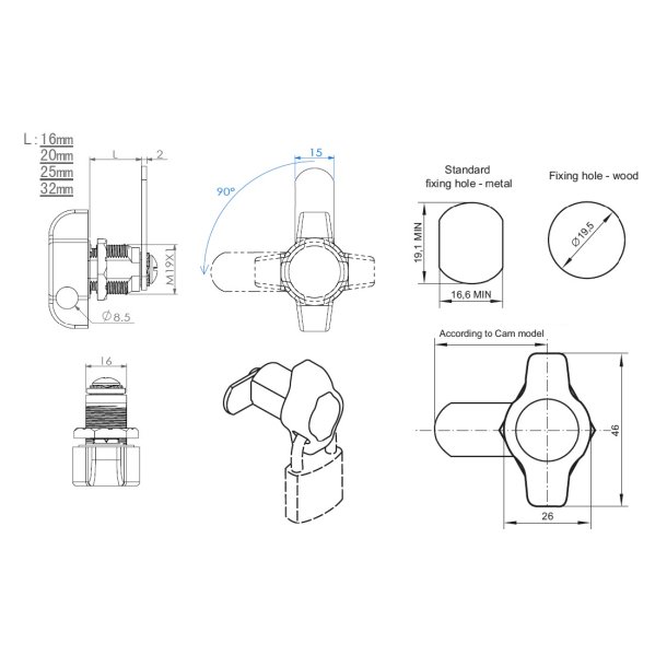 Skabsls til Hngels 19x20mm - Hjre - Forkromet