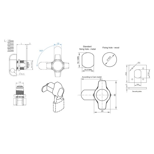 Skabsls til Hngels 19x25mm - Hjre - Forkromet
