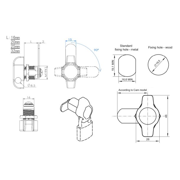 Skabsls til Hngels 19x25mm - Venstre - Forkromet