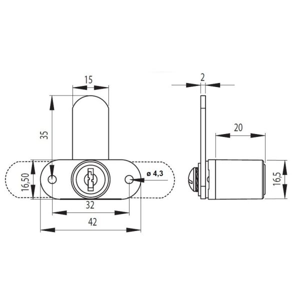 Skabsl�s "Cacus" �16,5x20mm - Forkromet - Samme N�gle (D20)
