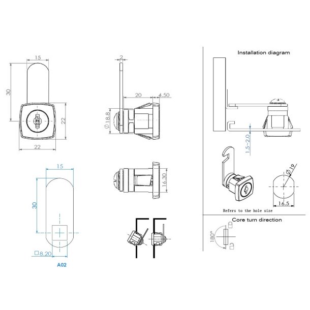 Skabsls "Argus" 19x20mm - Forkromet - 180