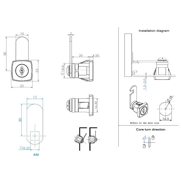 Skabsls "Argus" 19x20mm - Forkromet