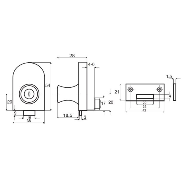 Vitrineskabsls "Fulla" til 4-6mm Glas - Samme Ngle